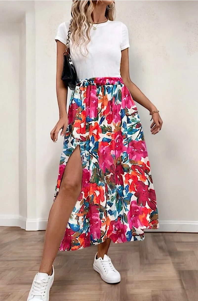 ESSFF One Size Fuchsia Italian Floral Slit Maxi Skirt
