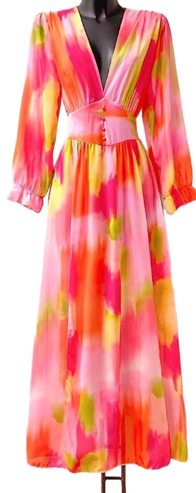 ELJUPI Italian Lined Pink Ombre Maxi Dress Deep V-Neck