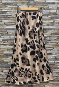 ESLSB Beige Leopard Satin Midi Skirt with Lace Trim Viscose