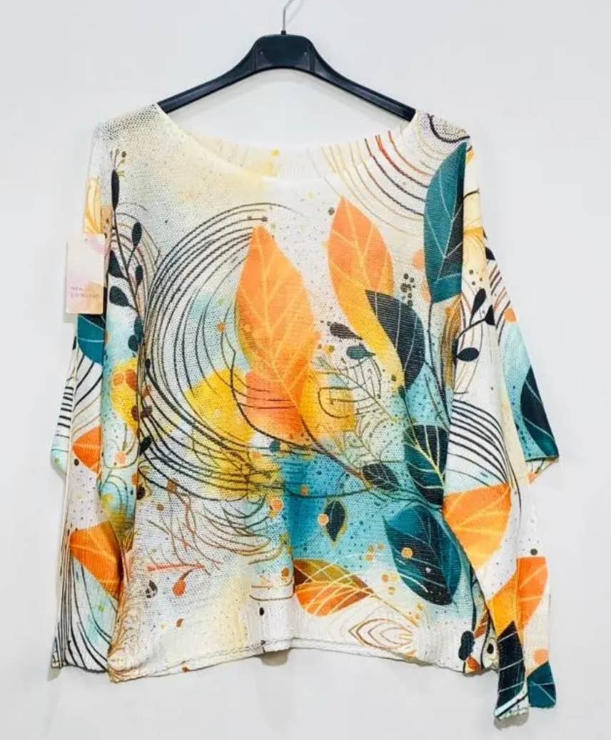 C0051 Orange Leaves Round Knit Printed Sweater LOOWIE