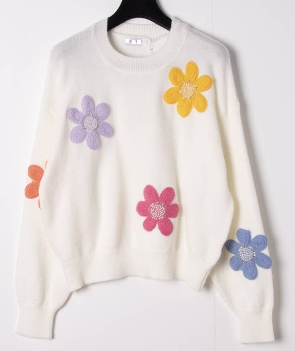 MCH259 White Soft Comfy Sweater with 3D Flowers LOOWIE