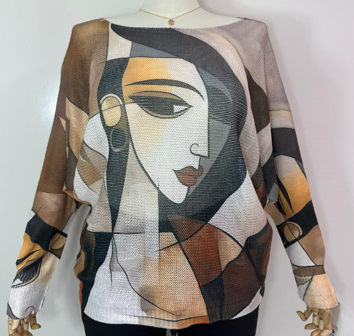 ZBZ40 One Size Brown Face "Picasso" Printed Sweater LOOWIE