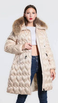509 Beige Hearts Warm Long Puffer Coat Jacket Fur Hood