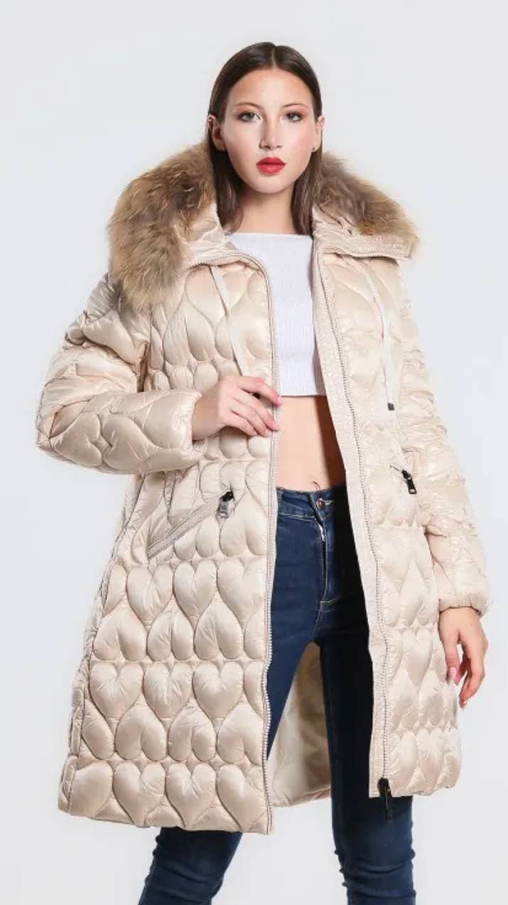 509 Beige Hearts Warm Long Puffer Coat Jacket Fur Hood