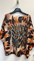 VILO Brown Leopard LOVE Round Neck Knit Printed Sweater