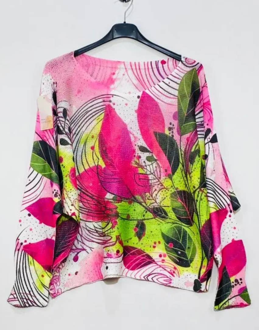 C0051 Fuchsia Leaves Round Knit Printed Sweater LOOWIE