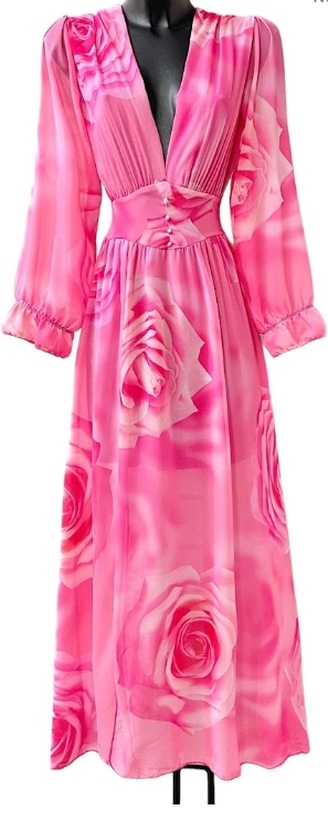 ELJUROS Italian Lined Pink Roses Maxi Dress Deep V-Neck