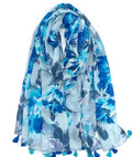 MP154 Floral Blue Cotton Blend Scarf w/tassels LOOWIE