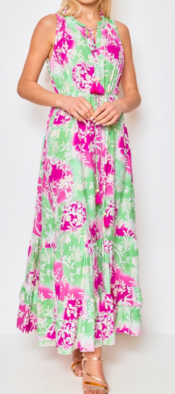 CIR116G Green Sleeveless Maxi Dress w/ Button-Down Front