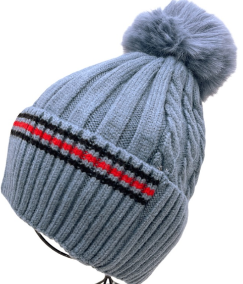 Denim Blue  5610 Striped Fake Fur Pom Beanie Hat LOOWIE