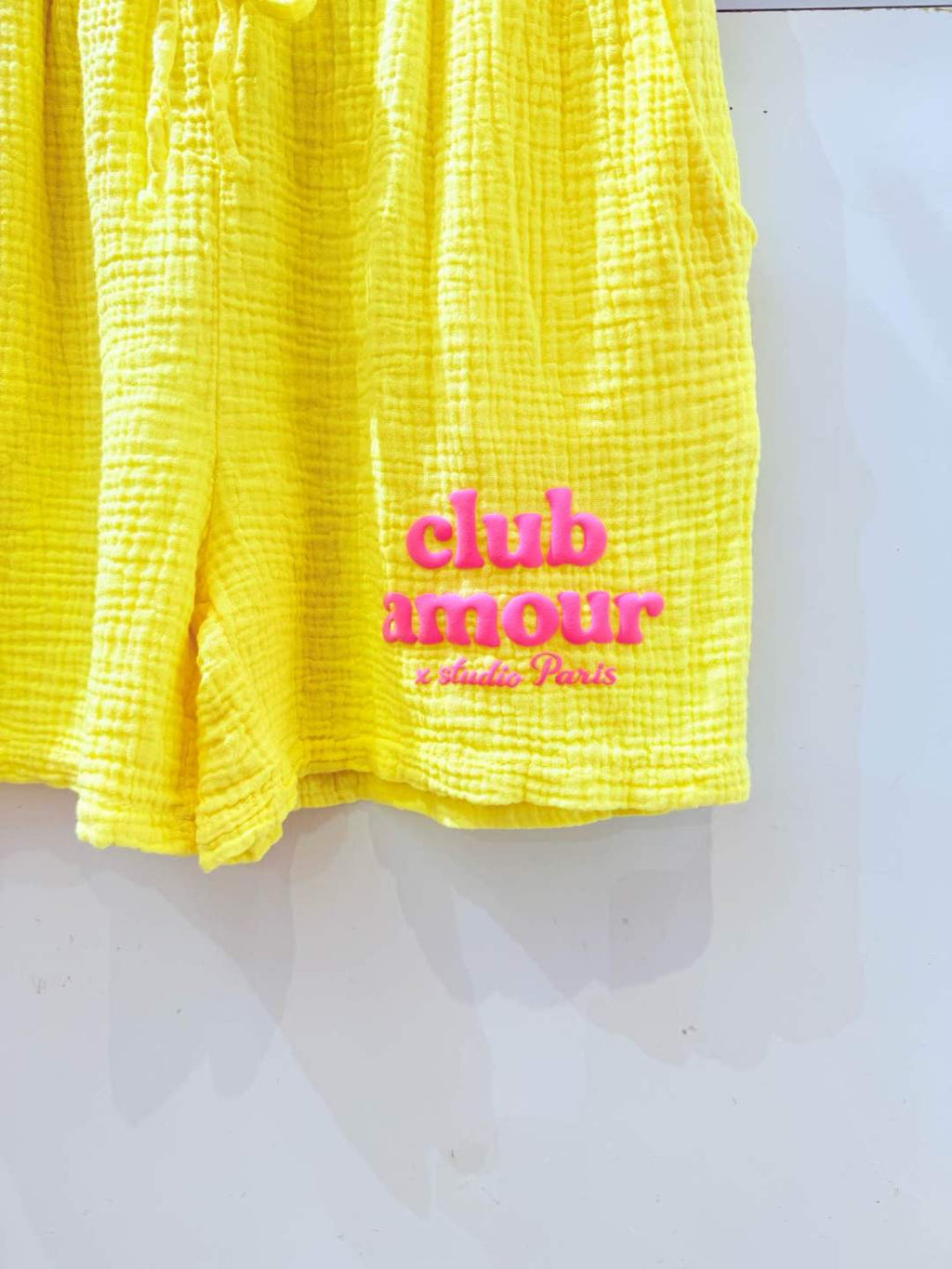 IV2612YL Gauze Cotton Love Club Shorts Yellow