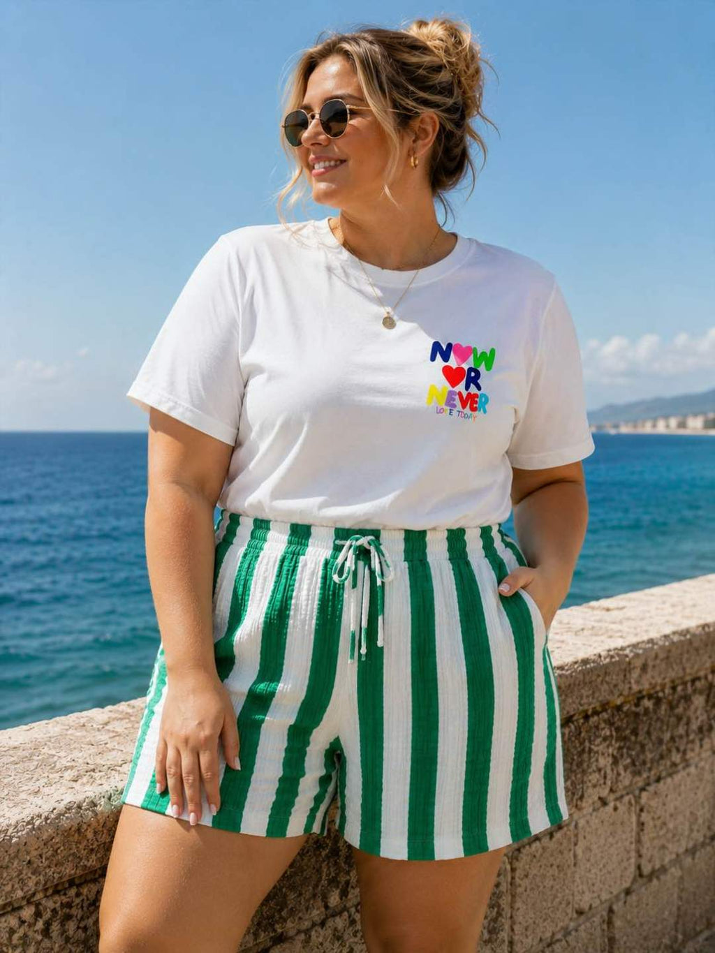 IV526225GG Gauze Cotton Striped Shorts Plus Size Green