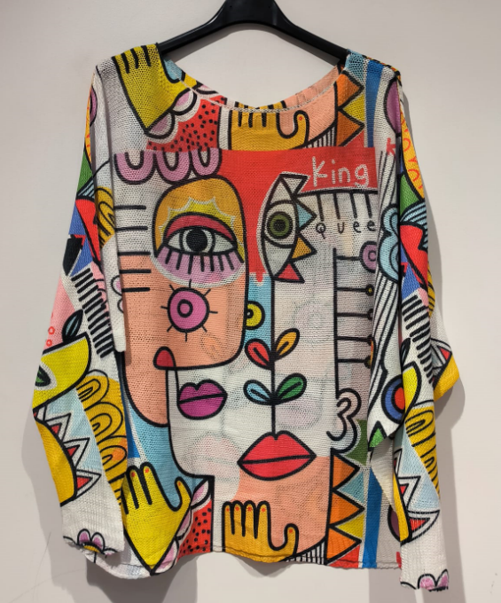 Eye "Picasso"  V-Neck Knit Printed Long Sleeves Sweater