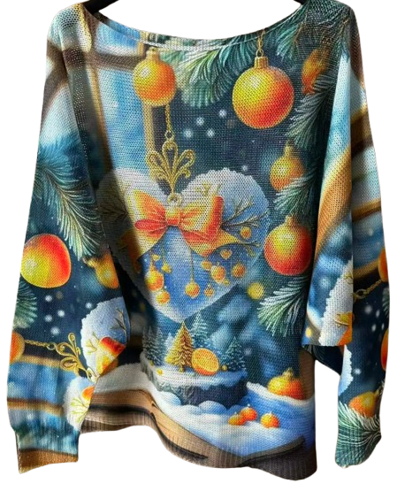 VIC4 Blue Decorations Christmas Round Knit Printed Sweater