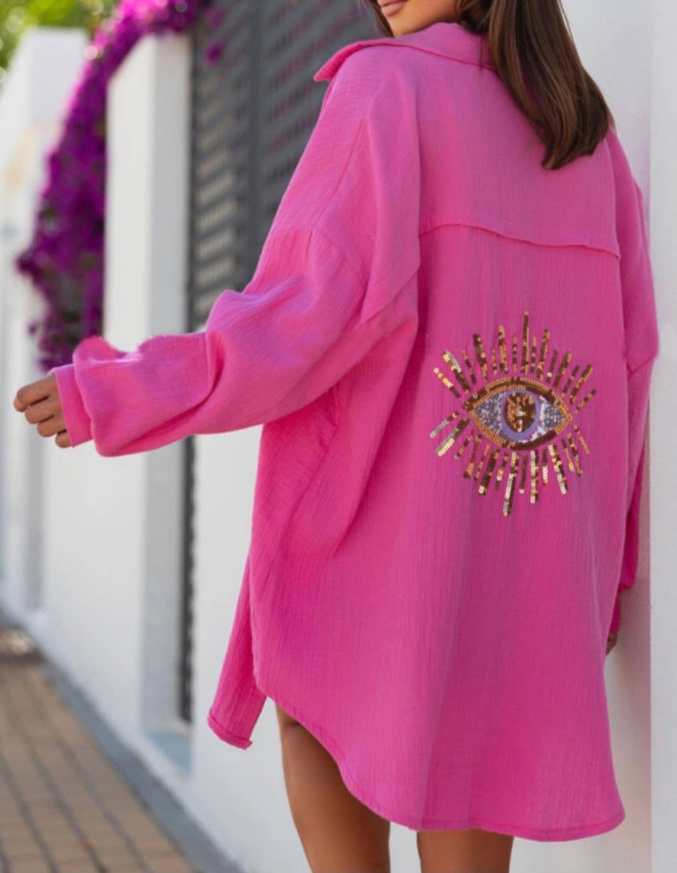 622 Barbie Pink Oversized Evil Eye Gauze Cotton  Shirt