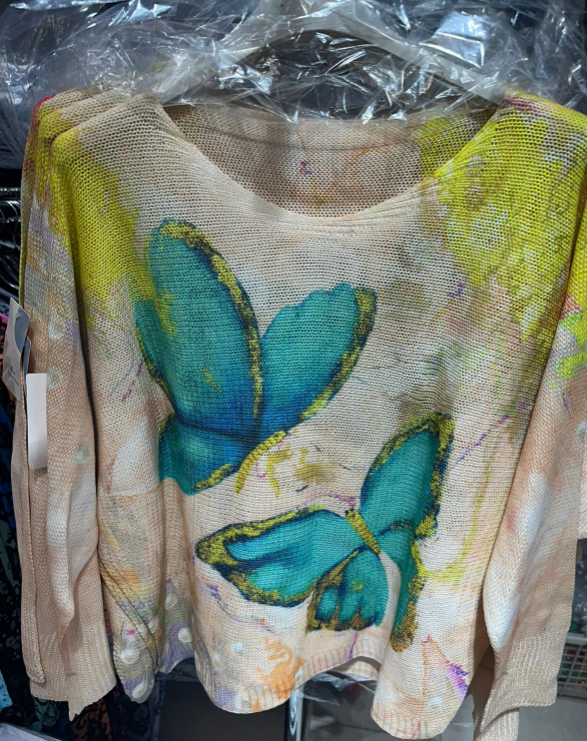 C1002 Blue Butterfly Printed Spring Long Sleeves Sweater
