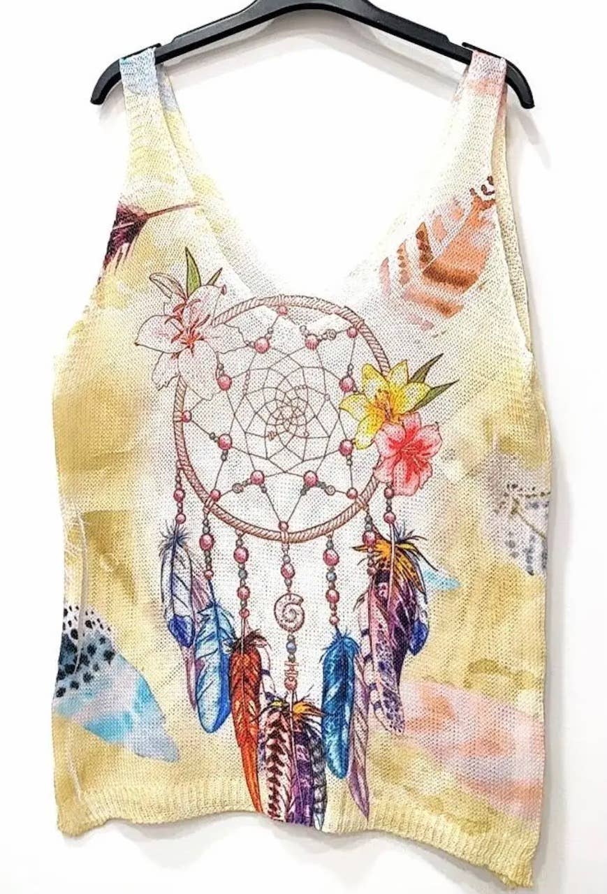 R2AT Yellow Feather V-Neck Knit Printed Sleeveless Sweater