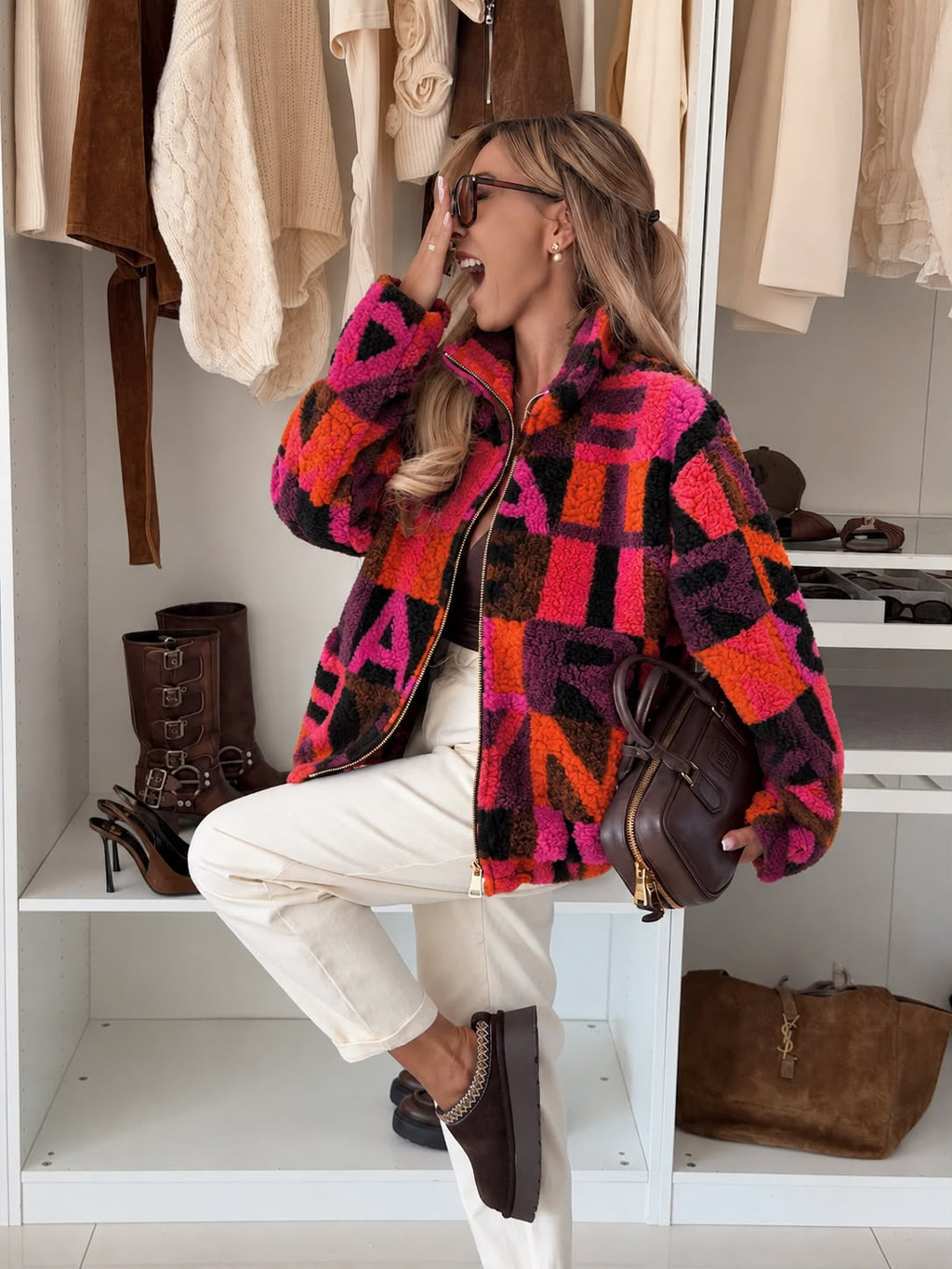 SWTJ3 Pink Orange Letter Print Teddy Jacket