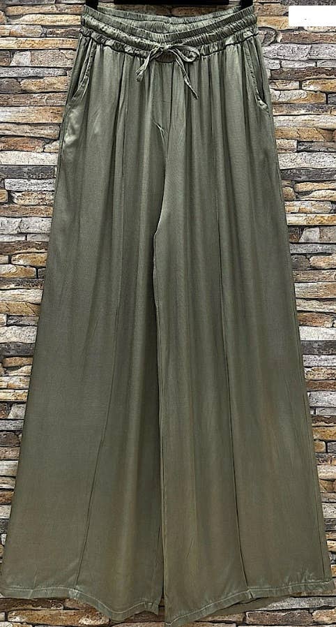 ELPOL Italian Olive Wide Legs Satin Feel Pants LOOWIE