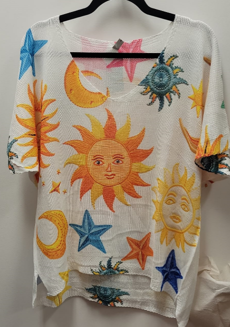 ZASO White Sunshine Knit Printed Sweater Short Sleeves