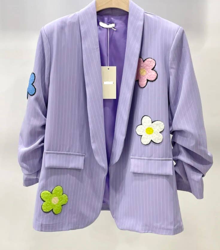 356F One Size Lilac Italian Striped 3D Floral Blazer LOOWIE
