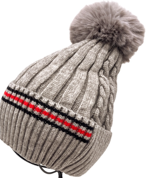 Grey 5610 Striped Fake Fur Pom Beanie Hat LOOWIE