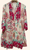 9802PN Pink Bohemian Paisley Short Dress 3/4 Sleeves LOOWIE