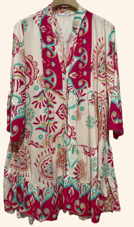 9802PN Pink Bohemian Paisley Short Dress 3/4 Sleeves LOOWIE