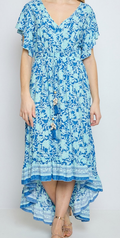 CIR105B Blue Floral High-Low Maxi Dress w/V-Neck