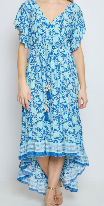 CIR105B Blue Floral High-Low Maxi Dress w/V-Neck