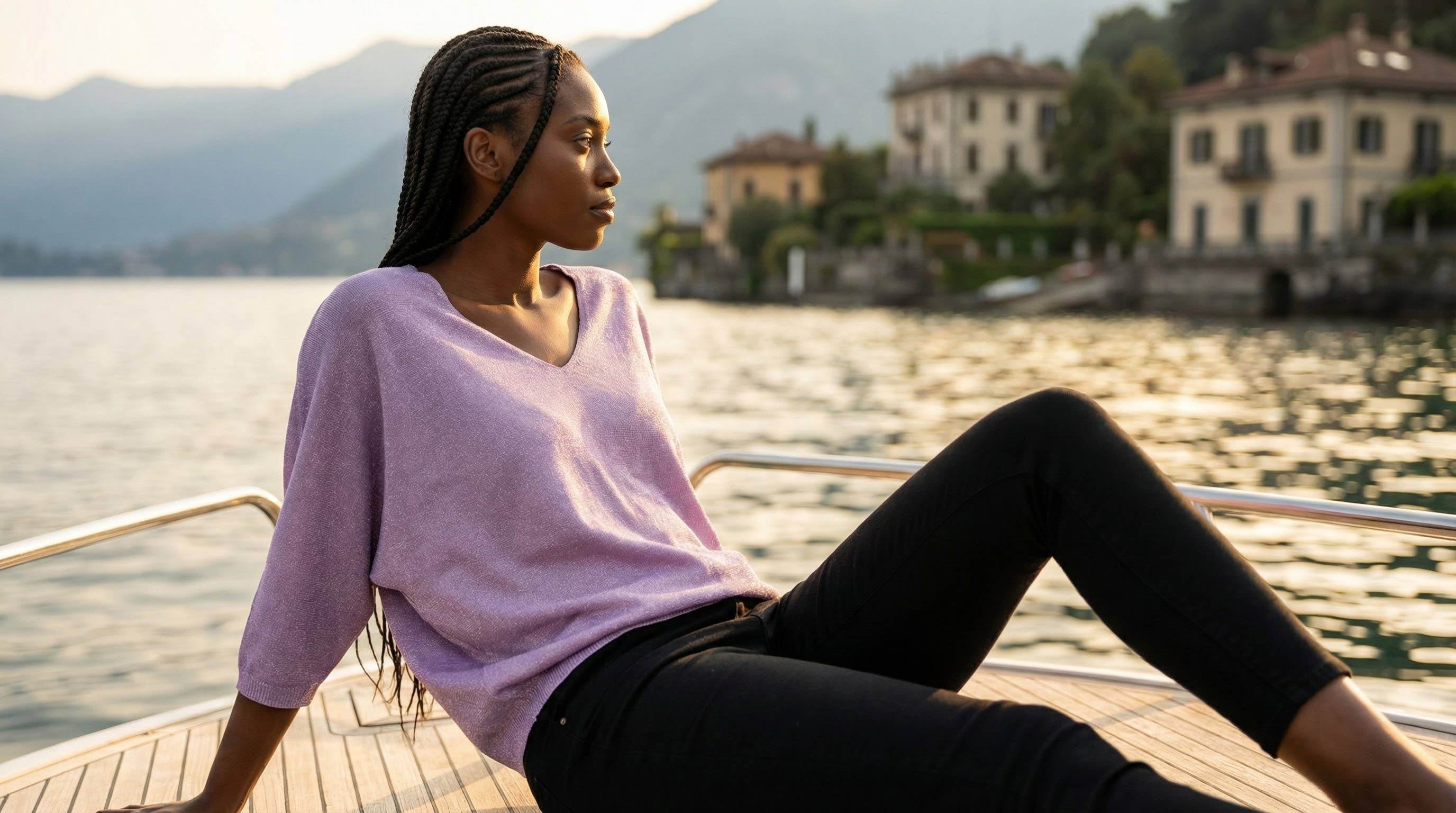 POSLP Italian One Size Lilac Shiny Lurex Knit V-Neck Sweater