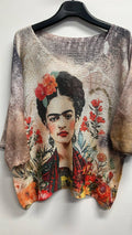 POFR3 Beige Frida Round Knit Printed Sweater LOOWIE