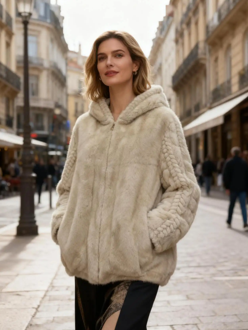 MCZJB One Size Beige Cable-Detail Hooded Faux Fur Zip Jacket