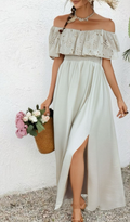 SW512C Cream Off-the-Shoulder Ruffled Eyelet Maxi Dress