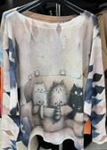 LN3CAT Beige 3 Cats Round Knit Printed Sweater LOOWIE