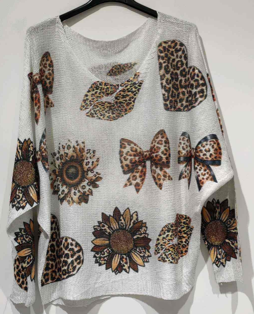 POAN White Animal Round  Knit Printed Sweater LOOWIE