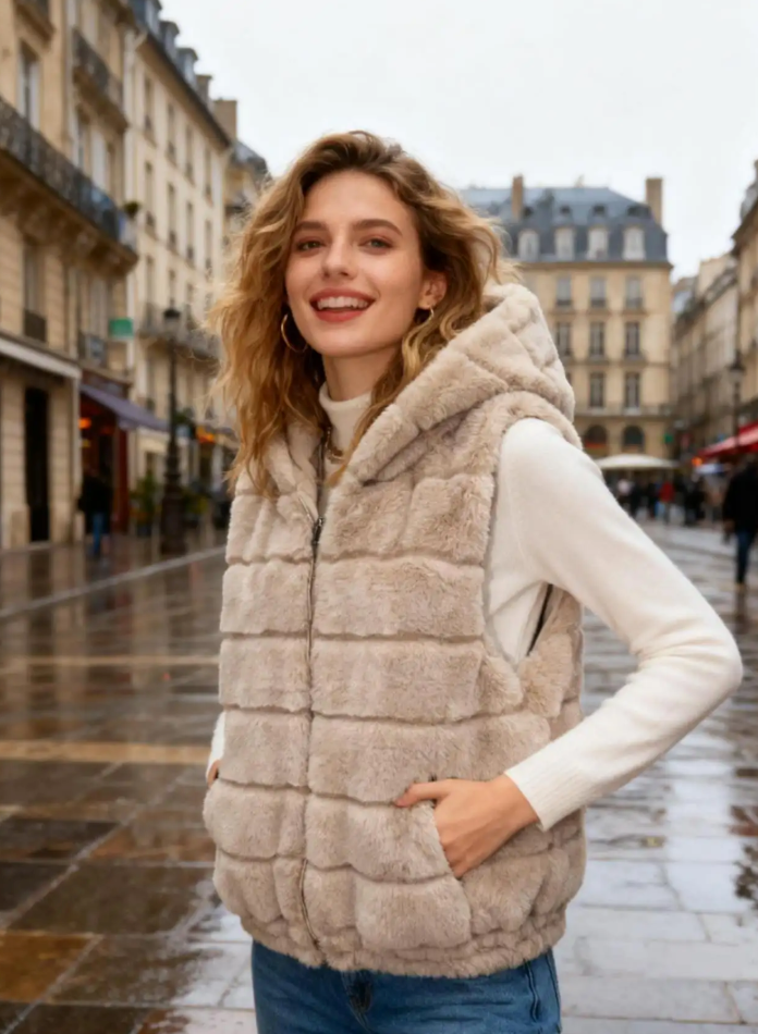 MCGBECP One Size Beige Cloud Puffer Vest – Faux Fur w/ Hood