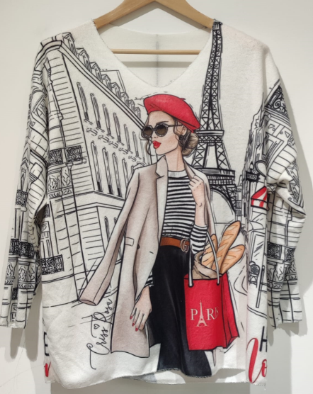POBG Italian Cozy White Paris Sweater One Size LOOWIE