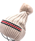 Beige 5610 Striped Fake Fur Pom Beanie Hat LOOWIE