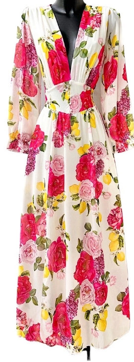 ELJUWH Italian Lined White Pink Floral Maxi Dress V-Neck