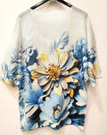 R221 Blue Floral  V-Neck Knit Printed Short Sleeves Sweater