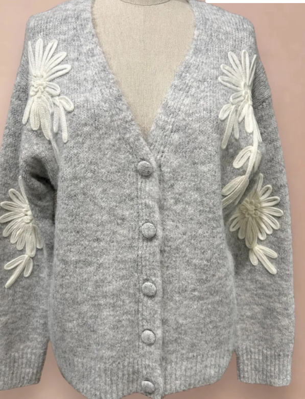 IA91 Gray Floral Embroidered Cozy Cardigan Sweater LOOWIE
