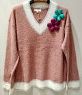 MC207 Pink Soft Comfy 3D Floral Sweater V-Neck LOOWIE