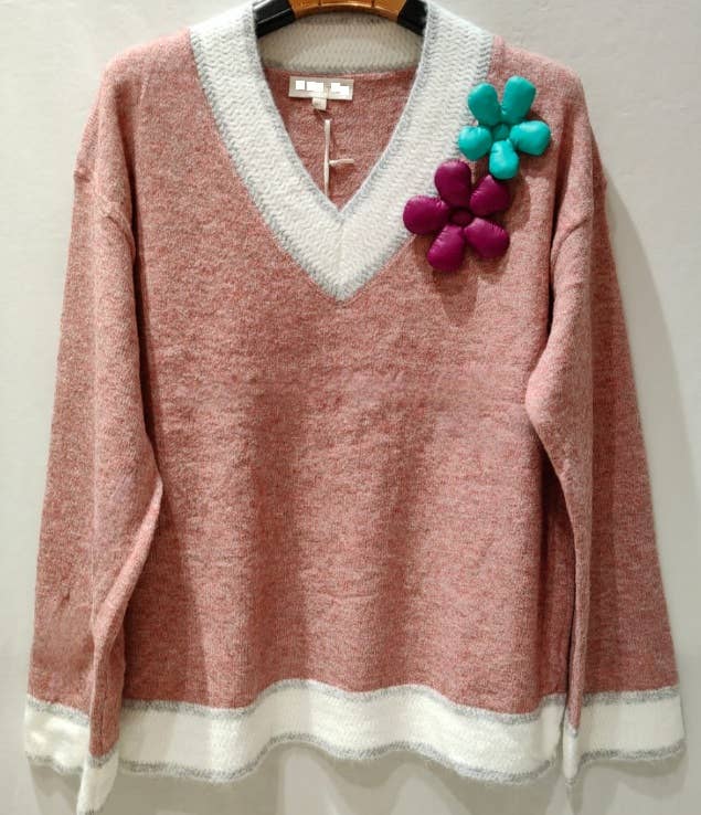 MC207 Pink Soft Comfy 3D Floral Sweater V-Neck LOOWIE