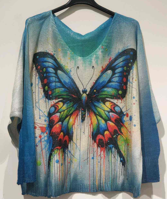 POBUT Blue Butterfly Round Knit Printed Sweater LOOWIE