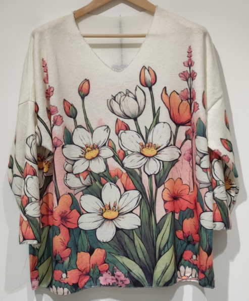 POFW Italian Cozy White Floral Sweater One Size LOOWIE
