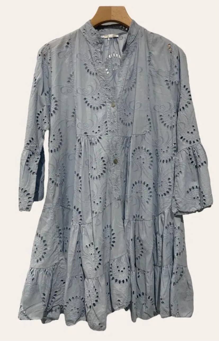 9802S Blue One Size Cotton English Embroidery Short Dress