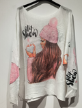 POHAT White Pink Hat Round Knit Printed Sweater LOOWIE