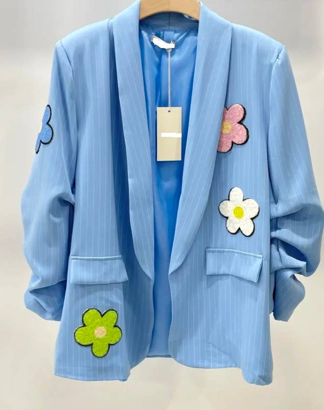 356F One Size Blue Italian Striped 3D Floral Blazer LOOWIE