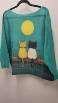 VICAT Blue 2 Cats Round Neck Knit Printed Sweater LOOWIE